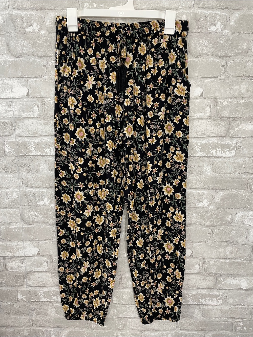 Angie Black Floral Joggers with Yellow Cream Blooms